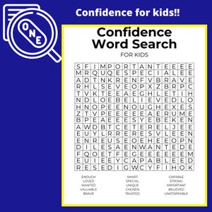 Confidence word search; Confidence crossword puzzle for kids; Confidence building; Self esteem worksheets for kids; Great for mental health
