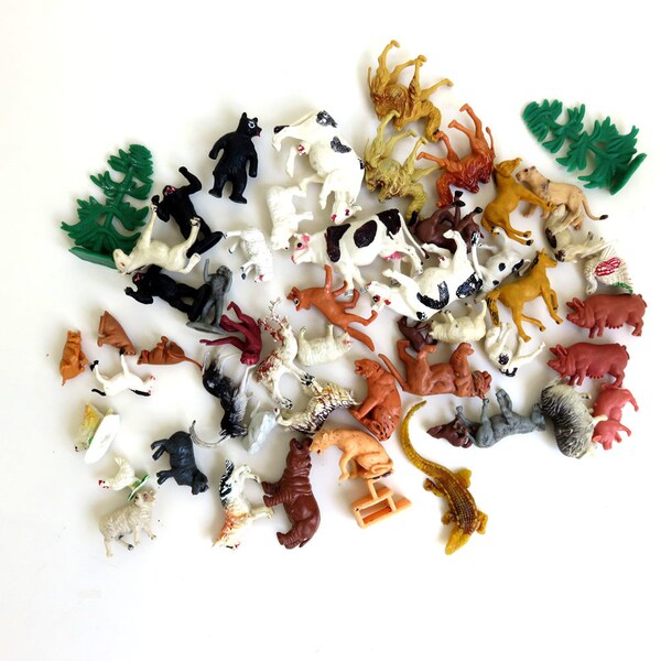 50 Jahrgang Kunststoff Tierfiguren, gemischt, Zoo und Bauernhof Tier viel, Miniatur-Rollenspiel-Spielzeug, kleine Kuchen Topper