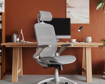 GABRYLLY Ergonomic Office Chair, Home Mesh Office Chair - Flip-Up Arms & Adjustable Headrest, Tilt Function, Lumbar Support and Wide Cushion