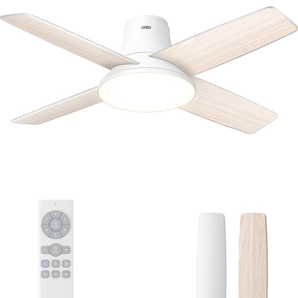 Dreo Ceiling fans with Lights and Remote, 44'' White Low Profile Ceiling Fan for Bedroom, 6-Level Dimmable Lighting & 5-Color Tone, 6 Speeds