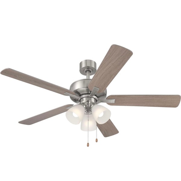 DESIGNERS FOUNTAIN Stellant 52 inch Indoor/Covered Outdoor Brushed Nickel Standard Mount Ceiling Fan with Light Kit and Pull Chain Control,