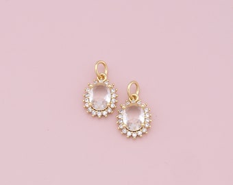 Gold Oval Crystal Charms,18K Gold Filled Crystal Pendant,CZ Crystal Charm Bracelet Necklace for DIY Jewelry Making Supply