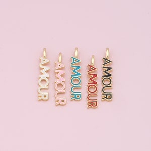 18K Gold Filled &quot;Amour&quot; Pendant,Enamel Amour Charms Bracelet Necklace for DIY Jewelry Making Supply (6x36mm)