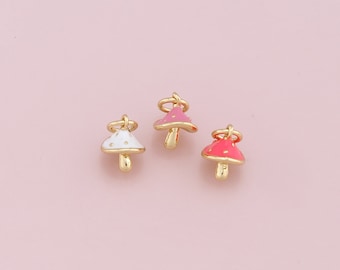 Gold Tiny Mushroom Charms,18K Gold Filled Enamel Mushroom Pendant,Kawaii Charm Bracelet Necklace for DIY Jewelry Making Supply