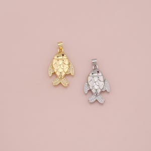 18K Gold Filled Fish Pendant,CZ Micro Pave Fish Charm Bracelet Necklace for DIY Jewelry Making Supply