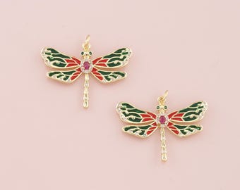 18K Gold Filled Dragonfly Pendant,Enamel Dragonfly Charm Bracelet Necklace for DIY Jewelry Making Supply
