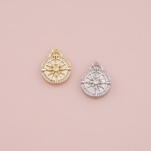 18K Gold Filled Compass Pendant,CZ Micro Pave Compass Charm Bracelet Necklace for DIY Jewelry Making Supply