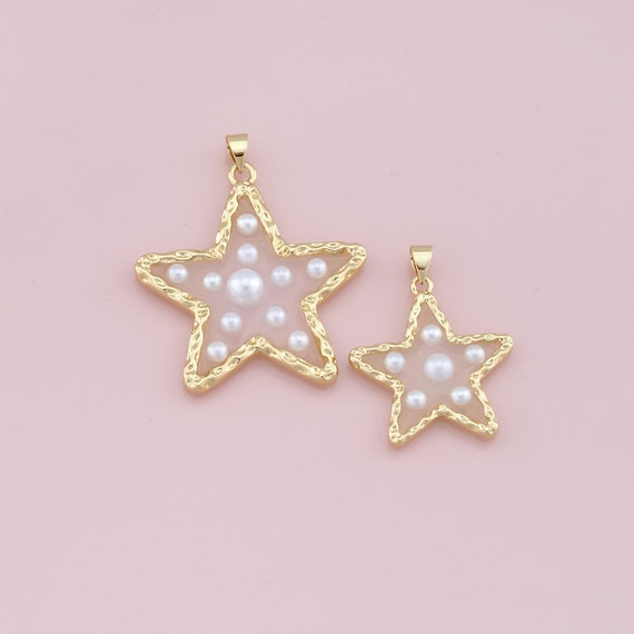 18K Gold Filled Pearl Star Pendant,Clear Enamel Star Charm Bracelet Necklace for DIY Jewelry Making Supply