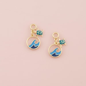 18K Gold Filled Turtle Pendant,Enamel Waves Charm Bracelet Necklace for DIY Jewelry Making Supply