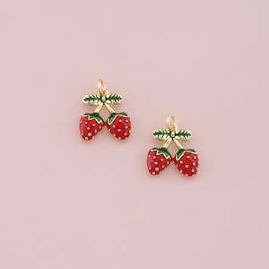 18K Gold Filled Strawberry Pendant,Enamel Fruit Charm Bracelet Necklace for DIY Jewelry Making Supply