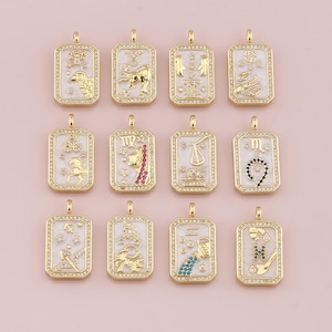 18K Gold Filled Zodiac Constellation Pendant,Enamel Horoscope Charm Bracelet Necklace for DIY Jewelry Making Supply