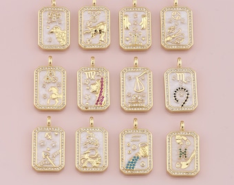 18K Gold Filled Zodiac Constellation Pendant,Enamel Horoscope Charm Bracelet Necklace for DIY Jewelry Making Supply