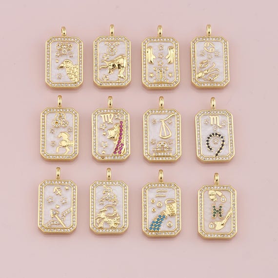 18K Gold Filled Zodiac Constellation Pendant,Enamel Horoscope Charm Bracelet Necklace for DIY Jewelry Making Supply