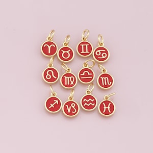 18K Gold Filled Enamel Zodiac Constellation Charms,Zodiac Symbol,Red Horoscope Charm,Gold Astrological Zodiac Sign Minimalist Jewelry