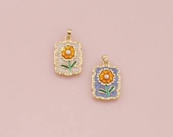 18K Gold Filled Sunflower Pendant,Enamel Daisy Charm Bracelet Necklace for DIY Jewelry Making Supply