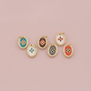 Gold Luck Charms,18K Gold Filled Oval Enamel Flower Pendant Charm Bracelet Necklace for DIY Jewelry Making Supply