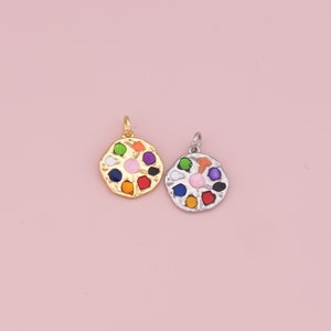 18K Gold Filled Round Pendant,Enamel Round Charm Bracelet Necklace for DIY Jewelry Making Supply