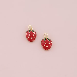 18K Gold Filled Strawberry Pendant,Enamel Fruit Charm Bracelet Necklace for DIY Jewelry Making Supply