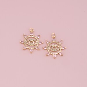 18K Gold Filled Sun Evil Eye Pendant,CZ Micro Pave Evil Eye Charm Bracelet Necklace for DIY Jewelry Making Supply