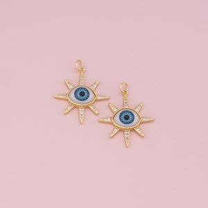 18K Gold Filled Evil Eye Pendant,CZ Micro Pave Evil Eye Charm Bracelet Necklace for DIY Jewelry Making Supply