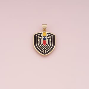 May include: Gold-toned pendant with a shield-shaped design. The pendant features a black border with an inner maze-like pattern. The center has a vertical stripe of red, yellow, and blue. The pendant is suspended from a small gold loop.