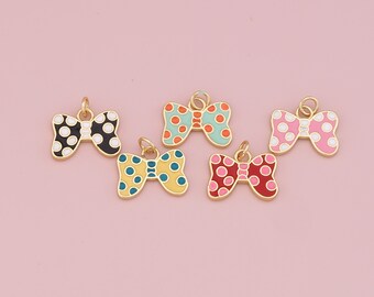 18K Gold Filled Bow Pendant,Enamel Bow Tie Charm Bracelet Necklace for DIY Jewelry Making Supply
