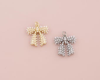 18K Gold Filled Pearl Bow Pendant,Dainty Bow Charm Bracelet Necklace for DIY Jewelry Making Supply