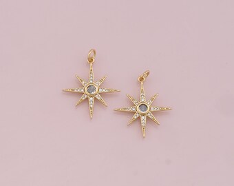Gold Star Charms,18K Gold Filled Starburst Pendant,CZ North Star Charm Bracelet Necklace for DIY Jewelry Making Supply