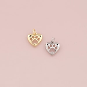 18K Gold Filled Heart Paw Pendant,Dainty Cat Dog Paw Charm Bracelet Necklace for DIY Jewelry Making Supply