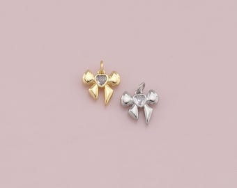 18K Gold Filled Bow Pendant,Dainty Bow With Heart Charm Bracelet Necklace for DIY Jewelry Making Supply