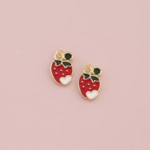 18K Gold Filled Strawberry Pendant,Enamel Fruit Charm Bracelet Necklace for DIY Jewelry Making Supply