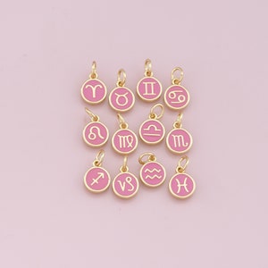 18K Gold Filled Enamel Zodiac Constellation Charms,Zodiac Symbol,Pink Horoscope Charm,Gold Astrological Zodiac Sign Minimalist Jewelry