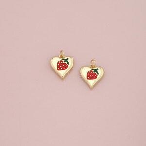 18K Gold Filled Heart Strawberry Pendant,Enamel Fruit Charm Bracelet Necklace for DIY Jewelry Making Supply