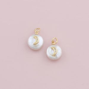 18K Gold Filled Pearl Moon Pendant,CZ Mirco Pave Moon Charm Bracelet Necklace for DIY Jewelry Making Supply