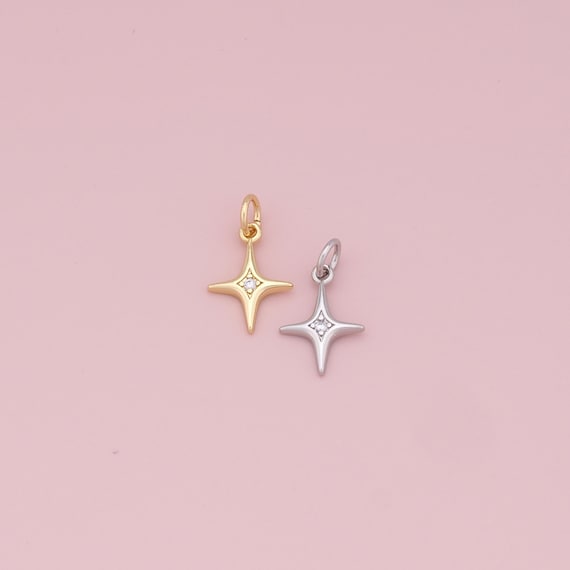 Gold Star Charms,18K Gold Filled Starburst Pendant,CZ Black North Star Charm Bracelet Necklace for DIY Jewelry Making Supply
