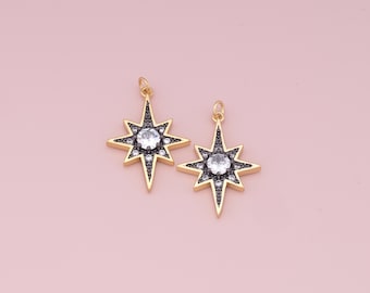 Gold Star Charms,18K Gold Filled Starburst Pendant,CZ North Star Charm Bracelet Necklace for DIY Jewelry Making Supply