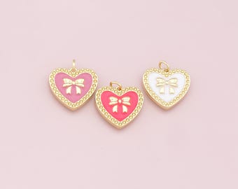 18K Gold Filled Bow Heart Pendant,Enamel Bow Tie Charm Bracelet Necklace for DIY Jewelry Making Supply