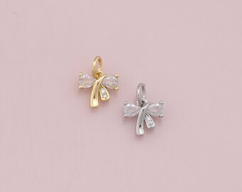 18K Gold Filled Bow Pendant,Crystal Bow Charm Bracelet Necklace for DIY Jewelry Making Supply