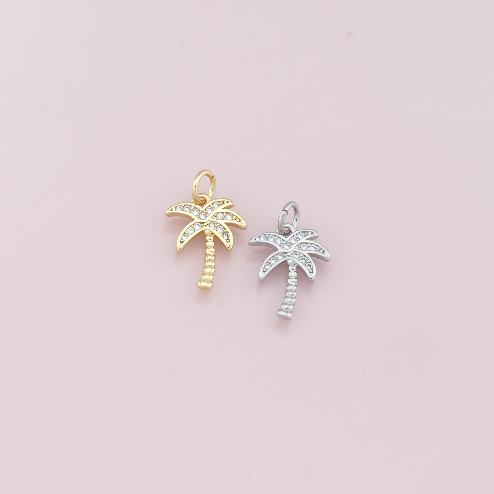 Gold Palm Tree Charms,18K Gold Filled Palm Tree Pendant,CZ Micro Pave Coconut Tree Charm Bracelet Necklace for DIY Jewelry Making Supply