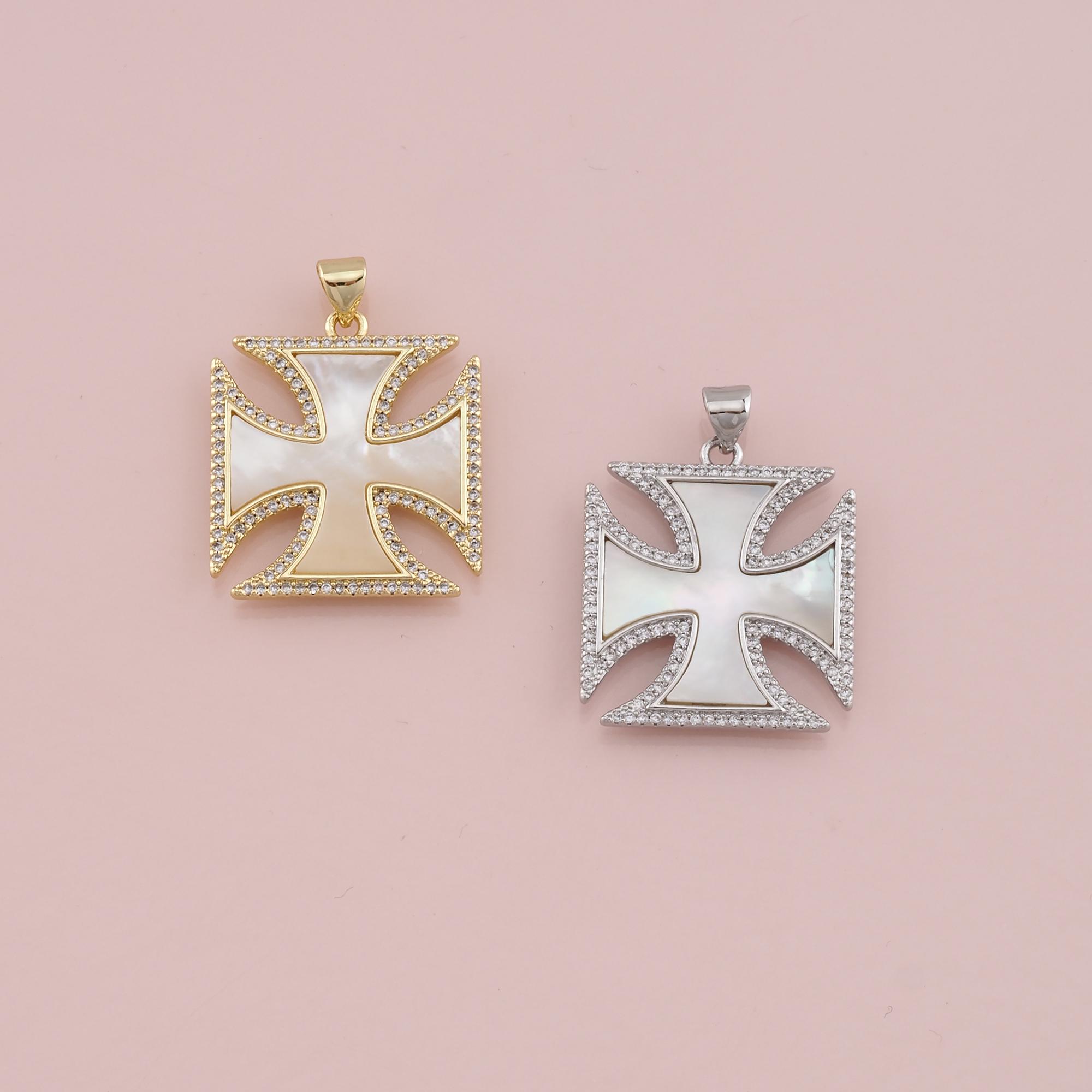 18K Gold Filled Shell Cross Pendant,cz Micro Pave Religious Charm