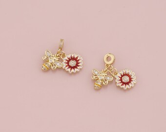 18K Gold Filled Bee Pendant,Enamel Bee Flower Charm Bracelet Necklace for DIY Jewelry Making Supply