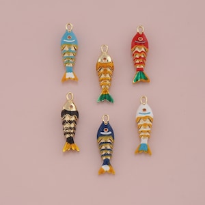 18K Gold Filled Fish Pendant,Enamel Fish Charm Bracelet Necklace for DIY Jewelry Making Supply