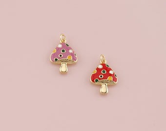Gold Mushroom Charms,18K Gold Filled Enamel Mushroom Pendant,Kawaii Charm Bracelet Necklace for DIY Jewelry Making Supply