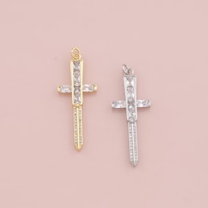18K Gold Filled Sword Pendant,CZ Micro Pave Sword Charm Bracelet Necklace for DIY Jewelry Making Supply