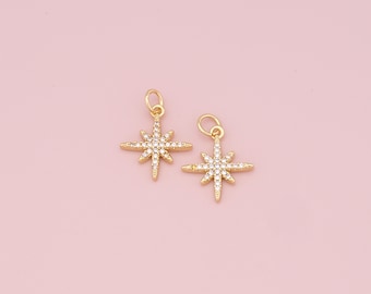 Gold Star Charms,18K Gold Filled Starburst Pendant,CZ North Star Charm Bracelet Necklace for DIY Jewelry Making Supply