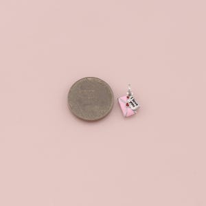 May include: A small, pink enamel charm in the shape of an envelope with a silver-tone tag that reads "I love you." The charm has a small red heart and is next to a coin on a pink background.