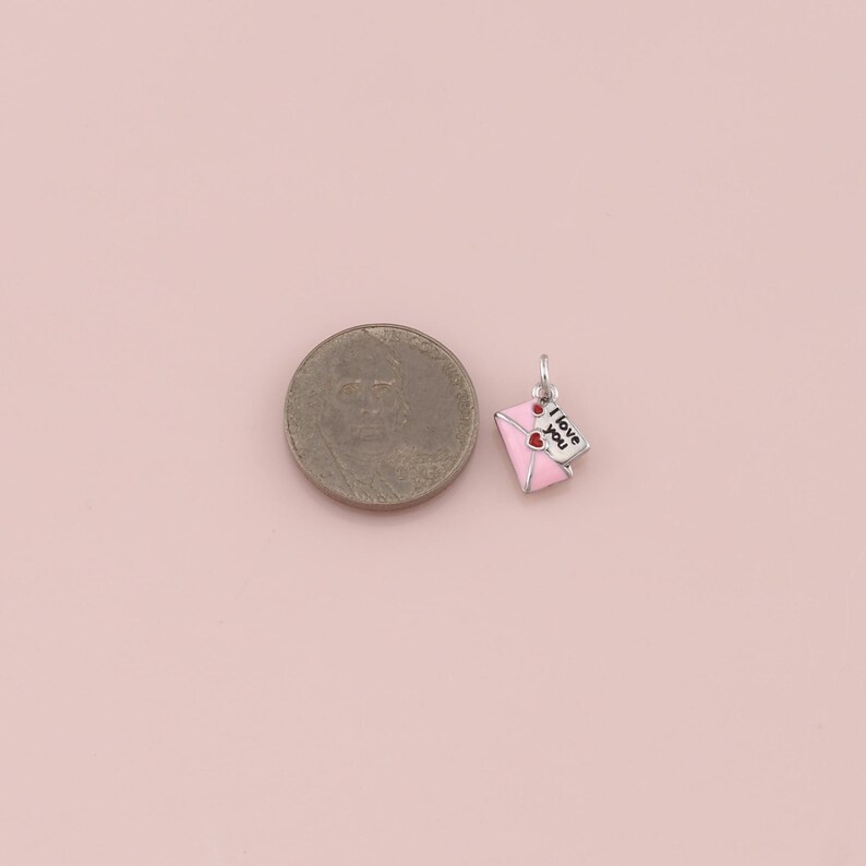 May include: A small, pink enamel charm in the shape of an envelope with a silver-tone tag that reads "I love you." The charm has a small red heart and is next to a coin on a pink background.