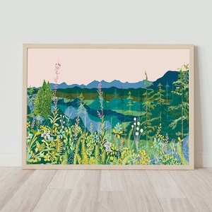 May include: A framed print of a landscape painting depicting a verdant forest with a mountain range in the background. The sky is a soft pink colour, and the forest is filled with various types of trees and plants.