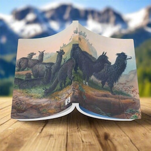 Softcover Journal - Llamas. A soft notebook with a vintage illustration of alpacas in South America. With colored end papers