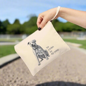 Canvas zip bag - he picks up my poo. Funny humor dog fur baby poop bags walk purse carry practical gift animal lover